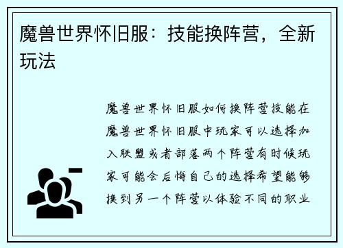 魔兽世界怀旧服：技能换阵营，全新玩法